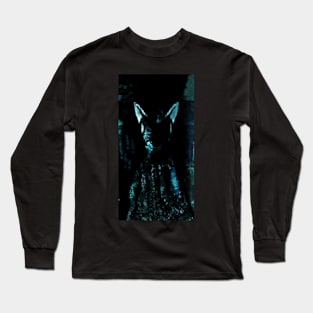 Digital collage, special processing. Strong, muscular men figure, arabian skirt, dark room. Demon. Light blue. Long Sleeve T-Shirt